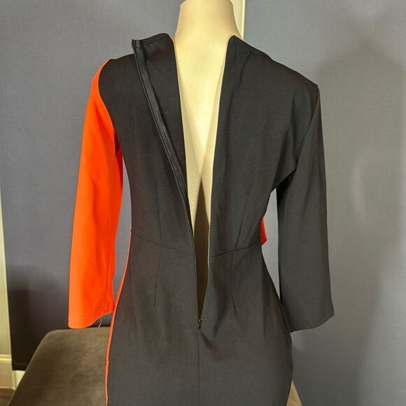 Women’s Black & Orange Asymmetrical Ruffle Midi Dress 3/4 Sleeve Zip Back Size M - Picture 6 of 14